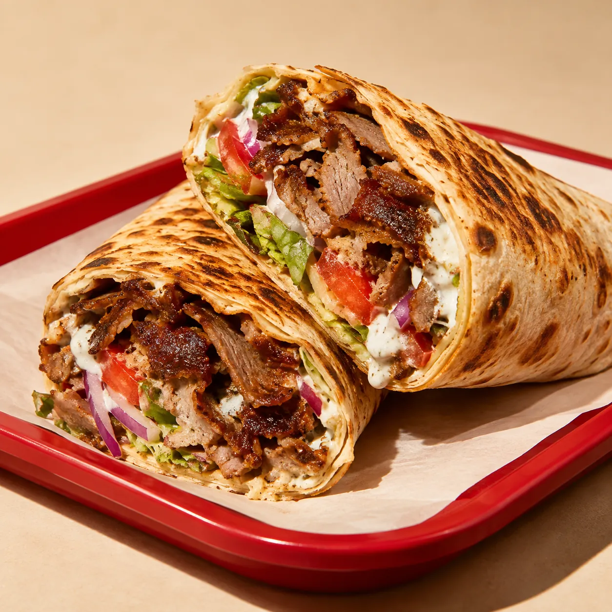 Rozkrojený dürüm kebab plný masa a zeleniny